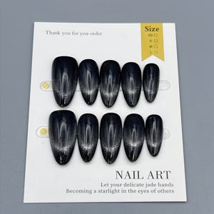 TEMU 10개 수제, 미소 짓는 캣아이, 순수 블랙, 광택 있는 긴 뾰족형 인조 네일, 매니큐어용 착용 장갑