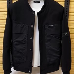 TEMU 남성용 야구 재킷 - 버튼업 경량 코트, 기능성 포켓 포함, 폴리에스터 안감 캐주얼 & 정장용 아우터웨어 - 클래식 패치워크 디자인, 스타일리시한 비탄력 원단