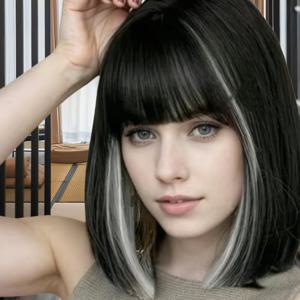 TEMU 여성을 위한 12인치 합성 컬러풀 가발, 앞머리가 있는 레드 와인 컬러, 짧은 보브 스타일, 뮤직 페스티벌 코스프레 파티에 완벽