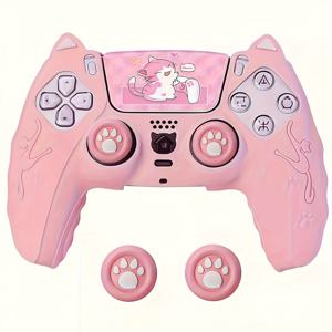 TEMU 편안한 보호 케이스 세트, 미끄럼 방지 및 땀 방지, 귀여운 고양이 테마 Sony PlayStation 5, PS5 컨트롤러용 스틱 커버 및 터치패드 스티커 포함 - 부드러운 게이밍 액세서리 | 땀 방지 케이스