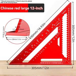 TEMU 12인치 레드 알루미늄 합금 삼각자 - 각도 측정기 및 미터법 눈금이 있는 정밀 목공 측정 도구, 내구성 있는 금속 구조, 충전 불가