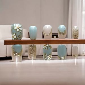 TEMU 10개 세트 짧은 화이트 문라이트 캣아이 금박 블루 글리터 프레스온 네일 - 젤리 접착제 및 네일 파일 포함, 우아한 탈부착형 인조 손톱, 여성 패션 액세서리