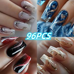 TEMU 96피스 신상 탈부착 네일 아트 세트, 다양한 컬러의 동일 디자인, 패셔너블하고 미니멀한 스타일, 반짝이는 골드 라인 디자인, 미디엄 길이 발레 쉐입, 사계절 내내 활용 가능, 여성을 위한 데일리웨어, 모임, 파티, 업무, 여행, 휴일 선물로 완벽