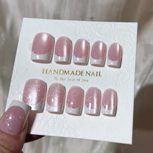 TEMU 12월 2023년 26일 2024년 7월에 적합한 핑크/브라운 오로라 캣아이 짧은 프렌치 프레스온 네일 30개 세트, 반짝이는 소프트 젤 캣아이 인조네일, 젤리 글루 및 네일 파일 포함, 여성용 일상 및 휴가 파티용 네일 장식