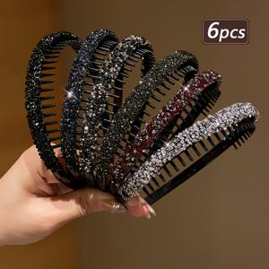 TEMU 여성스러운 인조 풀라인석 치아에 강한 미끄럼 방지 헤어밴드 6개, 일상적인 머리 풀기용, 외출 시 압박감 있는 머리 감기 헤어밴드, 여자친구를 위한 선물용 헤어 액세서리, 신학기 시즌용