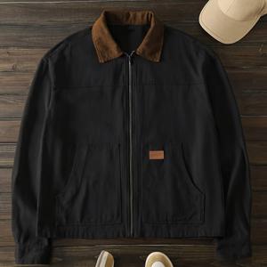 TEMU 추수감사절 남성 선물, 컬러 블록 스플라이스 풀지퍼 포켓 자켓, 영문 가죽 패치 디자인, 데일리 캐주얼 패션, 심플 아웃팅 출퇴근 스트리트 트렌드, 봄 가을 남성 자켓