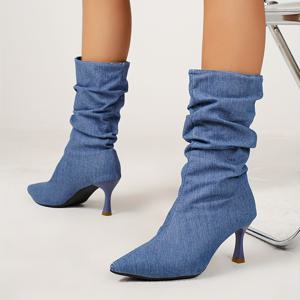 TEMU 여성용 하이힐 스틸레토가 있는 패셔너블한 포인티드 토 주름 부츠, 중목 부츠, 여성 신발