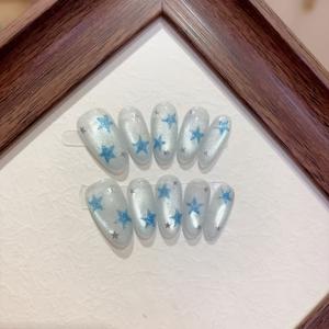TEMU 10개 수제 타원형 인조 손톱, 블루 하이엔드 쿨한 느낌 손으로 칠한 별 귀여운 순수 수제 인조 네일 아트, 착용 보조 도구 세트 포함