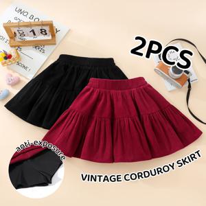 TEMU 2개 세트, 여아용 하프 스커트, 가을/겨울 스타일, 중아이 및 대아이 유아용, 안전 안감 포함 코듀로이 공주 드레스, 훔쳐보기 방지, 스타일리시하고 패셔너블한 아동복, 클래식 빈티지 아동 드레스, 선물용, 레드 + 블랙