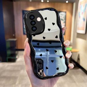 TEMU 휴대폰 케이스 - 블랙 하트 메이크업 거울 물결 웨이브 프레임 폰 케이스 (삼성 갤럭시 A25 M54 F54 A55 A35 S22+ 울트라 A12 M12 F12 A06 S25 플러스 S24 FE A16 A26 A36 A56 A23 5G 소프트 TPU 충격 방지 보호 커버)