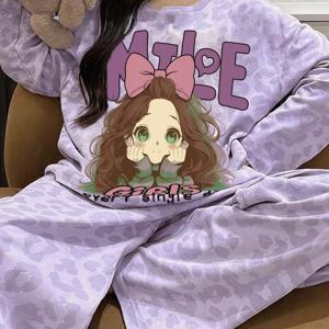 TEMU 새로운 보라색 귀여운 만화 캐릭터 핑크 리본 라운드넥 긴팔 긴바지 파자마 세트