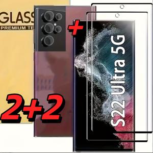 TEMU 2+2 S22 Ultra 5G 풀 커버리지 3D 강화유리 보호필름, 2장 강화유리 보호필름 + 2장 카메라 렌즈 보호필름, S22 Ultra 5G 사운드웨이브 기술 지문인식, 고화질 투명, 스크래치 방지, 3D 커브드 엣지 커버, 버블프리