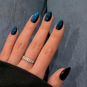 TEMU 24개 Kqueenst 숏 오발 젤 네일 | 블랙 앤 블루 캣아이, 샤이니 다크, 재사용 가능한 크롬 고딕, 봄/여름용 기계 제작 인조 네일