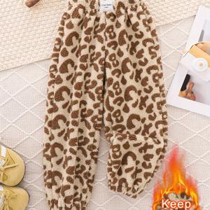 TEMU 여름/겨울용 여아용 기모 안감 바지, 탄성 허리 밴드에 라벨이 있고 당근 모양의 커프스가 특징이며 캐주얼 복장과 따뜻함, 야외 활동에 적합합니다.