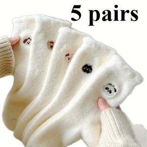 TEMU 따뜻하고 편안한 바닥 양말 10개입/5켤레, 만화 자수가 있는 크림 화이트 시리즈, 오스트레일리안 벨벳 여성용 중목 양말, 보온 바닥 양말, 신발을 벗고 신는 양말