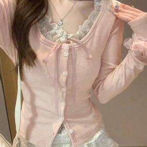 TEMU 봄 한국 스타일 퓨어 디자이어 레이스 컬러블록 버튼 슬림핏 2-in-1 룩 긴소매 베이스 레이어 티셔츠 상의