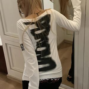 TEMU 2000년대 일본 펑크 록 탑, 여성용 아메리칸 빈티지 프린트 긴팔 티셔츠 (소매 밑단 버튼 디테일), Y2K 단색 기본 라운드넥 긴팔 탑