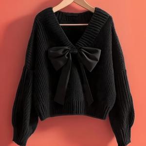 TEMU 여성용 우아한 V넥 리본 장식 스웨터 - 겨울용 따뜻한 루즈핏 고탄력 블라우스, 솔리드 블랙 가을/겨울 웨딩 크리스마스 파티 의상 (스페셜 라인 컬렉션)