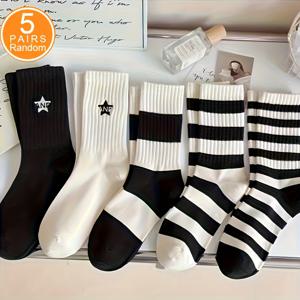 TEMU 5/10 쌍장화 고반발 스포츠 양말 별 자카드 블랙 앤 화이트 트렌디 니하이 S