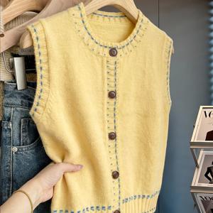 TEMU 여성 캐주얼 조끼 스웨터 | 루즈핏, 싱글 브레스트 크루넥 디자인, 단색, 봄/여름/가을에 적합