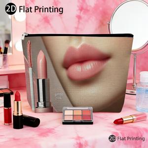 TEMU 2D 평면 프린팅, 1개 부드러운 핑크 립스틱 패턴, 휴대용 린넨 화장품 파우치 (아이섀도우 & 립스틱 포함), 지퍼 여행용 가방, 크리스마스 새해 선물 (엄마 & 여자친구용), 2D 평면