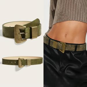 TEMU 올리브 그린 레트로 스트리트웨어 봄 여성 벨트 1개, 브론즈 색상 특수 모양 단일 바늘 버클 장식 벨트, 티셔츠, 바지, 셔츠, 캐주얼 바지, 드레스와 매치, 스트리트, 뮤직 페스티벌, 파티에 적합