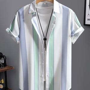 TEMU 남성 여름 쿨 해변 루즈핏 트렌디 하이엔드 스타일리시 레트로 컬러 블록 반팔 버튼업 셔츠, 중국 사이즈, 사이즈 가이드를 신중하게 확인해 주세요