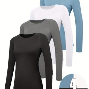 TEMU 여성용 압축 셔츠 긴팔 성능 운동용 베이스레이어 애슬레틱 탑 스포츠 용품 4개 세트