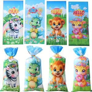 TEMU 50개 혼합 동물 카툰 캔디 백 - 12.5x27.5cm, 리본 타이가 있는 내구성 있는 플라스틱 선물 포장, 생일 파티 및 축하 행사용 기린, 악어, 얼룩말, 사자 디자인, 장식