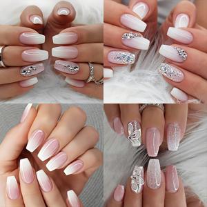 TEMU 4-Box Set of 96 French-Style Elegant Light Luxury White-Pink Gradient Rhinestone Press-On Nails
