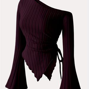 TEMU 팅윤 여성용 우아한 오프숄더 리브드 탑 & 비대칭 밑단 - 베이지 슬림핏 스트레치 티셔츠, 봄/여름 패션, 독특한 숄더 디자인, 편안한 착용감, 세탁기 사용 가능