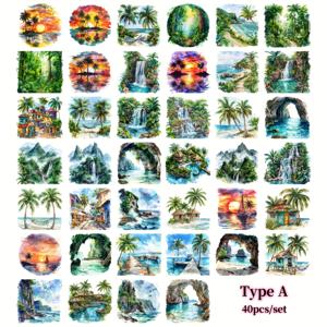 TEMU 40개 세트 수제 창의적인 레트로 풍경, 숲 풍경, 해변 풍경 스티커, 쓰레기 일기장 스크랩북 계정 사진 앨범 문구류 DIY 스크랩북 공예 키트 잡지 장식에 적합