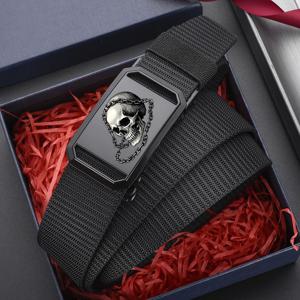 TEMU 1개 체인 해골 패턴 남성용 무치발 자동 버클 캔버스 벨트, 아이미테이션 나일론 야외 스타일 데일리 바지 벨트, 다용도 택티컬 벨트