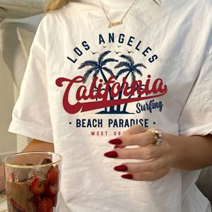 TEMU 여성 빈티지 로스앤젤레스 캘리포니아 서핑 그래픽 티 - 흰색 반팔 크루넥 캐주얼 여름 상의, 야자수 디자인, 세탁기 사용 가능, 비치 티셔츠, 편안한 핏 셔츠