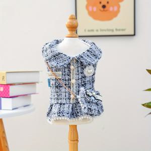 TEMU 진주 장식과 체인 가방이 있는 블루 드리미 강아지 드레스: 귀여운 강아지와 고양이를 위한 우아한 스타일 – 원클릭 펫 패션!