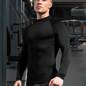 TEMU 남성용 하이넥 컴프레션 긴팔 셔츠 - 폴리에스터 90% 및 스판덱스 10% 재질, 래글런 소매, 높은 탄성, 빠른 건조, 단색, 트레이닝, 러닝 및 캐주얼 웨어에 적합