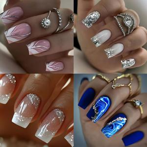 TEMU 96개 아크릴 중간-긴 직사각형 혼합 색상 프렌치 프레스 네일 키트, 글로시 블루, 핑크, 실버, 화이트, 그라데이션 및 패턴, 클래식 글리터 디자인, 우아하고 다재다능한 12가지 사이즈 포함 젤리 글루 및 네일 파일