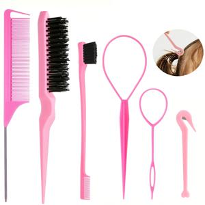 TEMU 6개 핑크 헤어 스타일링 도구 - 꼬리 빗, 브러쉬, 루프 도구 & 헤어 클립 (염색 및 헤어스타일용), 나일론 브러쉬모, ABS 플라스틱 손잡이, 곱슬머리에게 완벽, 필수 헤어 스타일링 도구 | 헤어 스타일링 도구