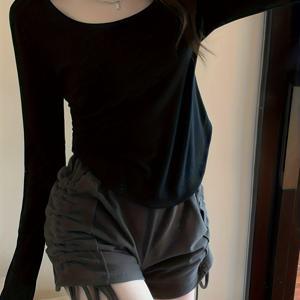 TEMU 여성용 긴팔 라운드넥 티셔츠, 신상 가을 스타일, 트렌디한 불규칙 디자인, 레이어링에 적합한 유니크한 핏 탑