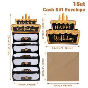 TEMU 블랙 앤 골드 생일 케이크 디자인의 지폐 카드 봉투가 포함된 인사말 카드 세트, 생일 축하 행사, 파티용 돈 가방, 이벤트 용품으로 적합