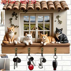TEMU 2D 평면, 1개 2D 평면 인조 나무 벽걸이, 러스틱 고양이 창문 테마 스타일 나무 다기능 홈 키홀더, 네 개의 금속 후크 포함, 벽 장식, 현관 장식, 방 장식, 빌라 장식, 사계절 홈 장식에 적합. 전원 불필요, 2D 평면