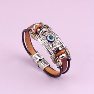 TEMU 빈티지 에스닉 블루 아이스킨 천연 가죽 구슬 스테인리스 스틸 버클 팔찌 1개