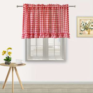 TEMU 클래식 레드 체크 러플 숏 쉬어 보일 발란스, 주방 작은 창문 커튼용, 침실 로드 포켓 커피 하프 커튼에 적합