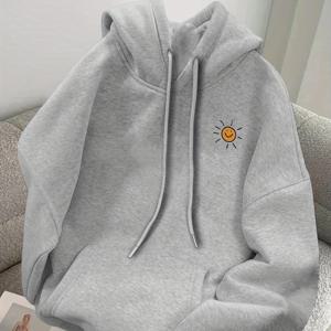 TEMU 남성용 캐주얼 후드 스웨트셔츠, 노란색 기쁜 얼굴 로고, 블랙 루즈핏 풀오버, 앞포켓, 세탁기 사용 가능 가을 겨울 따뜻한 스웨터 후디, 재미있는 디자인, 편안한 착용감