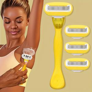 TEMU 세안 스트립이 있는 노란색 여성용 면도기. 한 손잡이와 4개의 교체용 면도날이 포함되어 있으며 민감한 피부에 적합합니다. 피부를 손상시키지 않고 쉽게 면도할 수 있도록 윤활 세안 스트립이 있는 5개의 면도날이 있습니다. 비키니 라인, 해변에 이상적입니다.