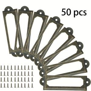 TEMU 나사 포함 50개 골동품 청동 메탈 라벨 홀더 - 사무실, 도서관, 파일 캐비닛 및 선물 상자용 장식적인 이름 카드 프레임 - 보관 칸막이 및 선반을 위한 견고한 철제 프레임 디자인