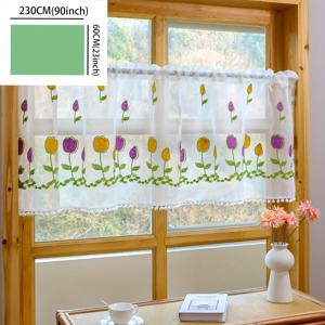 TEMU 1pc 러스티 스타일 자수 꽃 커피 커튼, 주방 및 거실용 반투명 폴리에스터 로드 포켓 드레이프, 손세탁만, 올 시즌 장식, 60-70gsm, 거실 커튼