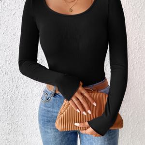 TEMU 유럽 및 미국 스타일 섹시 보트넥 크롭 레귤러 여성용 긴소매 탑