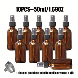TEMU 10개/5개 앰버 유리 스프레이 병 (스테인리스 스틸 깔때기 1개 포함), 30ml/50ml/100ml 미세 미스트 스프레이 병, 1.01OZ/1.69OZ/3.38OZ, 에센셜 오일, 액체, 향수에 적합, 사용하기 쉬움, 깨끗한 불투명 유리 병