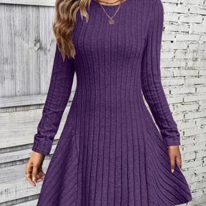 TEMU 우아한 리브드 롱 슬리브 미니 드레스 - 핏감 좋은 탑 & 플레어 스커트, 단색, 세탁기 사용 가능, 사계절 캐주얼&포멀 활용 가능한